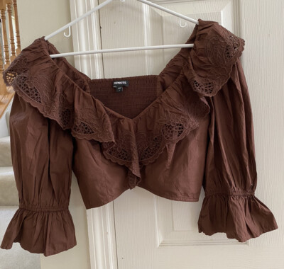 Express Women's Embroidered Ruffle V-Neck Crop Top Size L