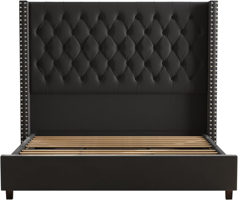 Velvet Upholstered Bed Frame Queen Size 61.4" Tall Headboard Queen Bed Frame/Dee