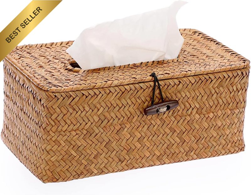 Vintage Seagrass Tissue Box Cover – Woven Rectangle Holder for Home, Office, Bat