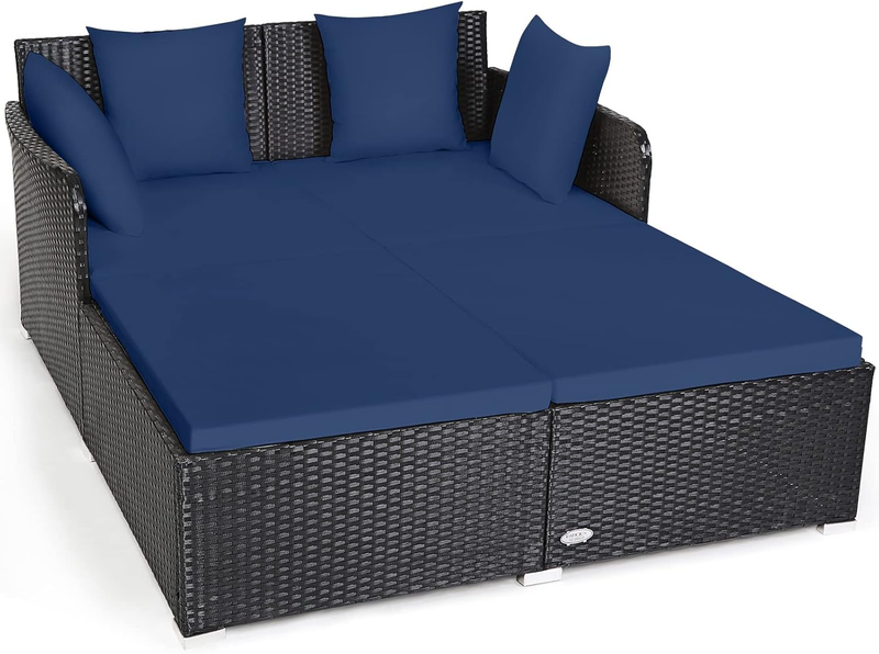 Outdoor Rattan Daybed, Sunbed Wicker Furniture W/Spacious Seat, Upholstered Cushion & High-Resilience Sponge, Wicker Patio Sofa Set W/Extra Pillows for Courtyard Poolside (Navy)