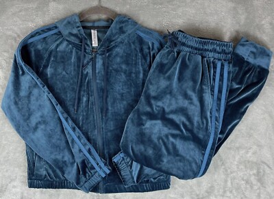 Two-Piece Velour Hooded Tracksuit Women s M Teal Blue Lounge Set Athleisure