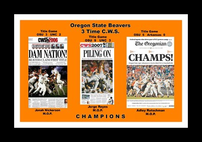OREGON STATE BEAVERS 3 TIME CWS CHAMPIONS MATTED PIC OF NEWSPAPER FRONT PAGES #2