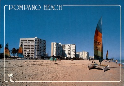 Vintage Postcard Pompano Beach Florida Sailboats Highrises USA c.1980s-90s