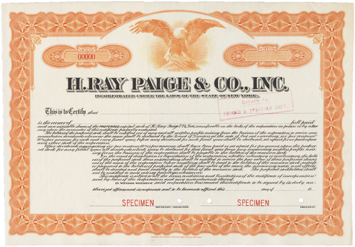 H.Ray Paige & Co., Inc. Stock Certificate.