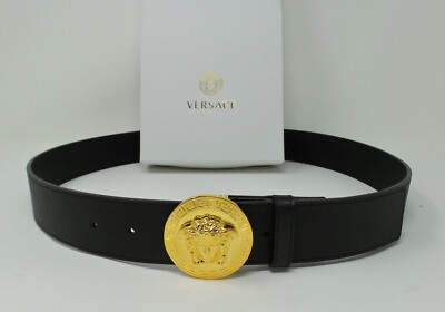 Versace Belt Round Gold Buckle Black Leather Unisex For Mens 34 - 36 Pants Waist