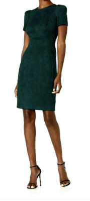 DKNY FAUX SUEDE SHEATH DRESS, SHORT PUFF SLEEVE, MALACHITE/GREEN, SIZE 4 NWT
