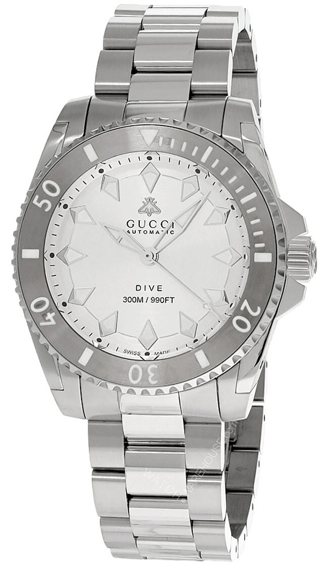 Pre-owned Gucci Dive Auto 40mm Silver Dial Stainless Steel Men's Watch Ya136354