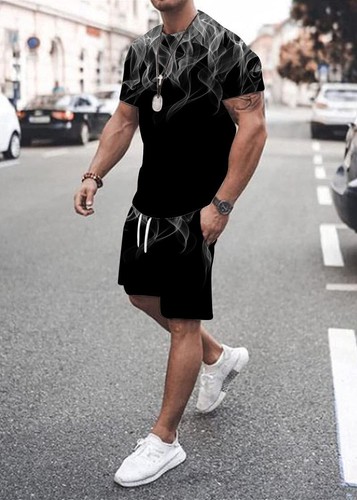 T Shirt Men Fashion Graphic Print Short Sleeve Black White Smoke Tee & Short SET