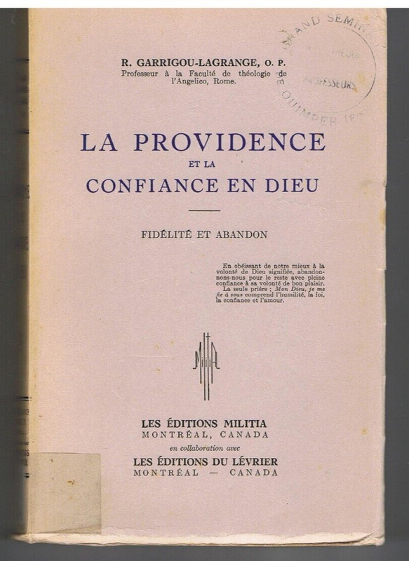 Garrigou-Lagrange - La Providence Et La Confiance En Dieu Livre Ancien Religion