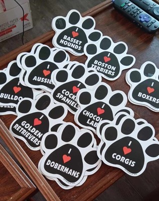 Refrigerator Magnets Dog Paw Prints ''I Love ...'' Multiple Dog Breeds YOU CHOOSE