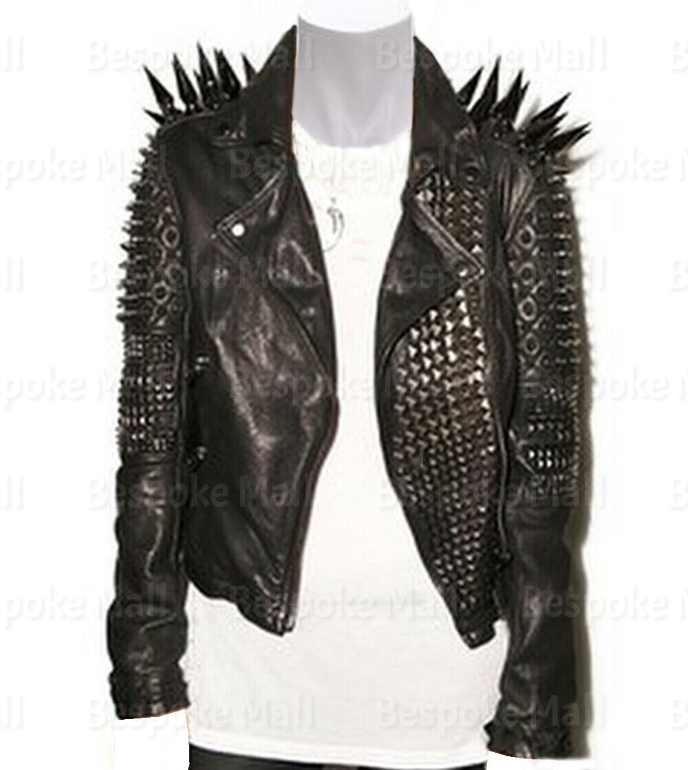 Pre-owned Handmade Women's Black Long Spiked Studded Punk Rock Cowhide Biker Leather Jacket-371