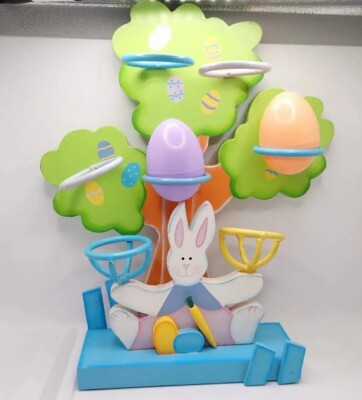Vintage Easter Decor Bunny Rabbit Juggling Eggs Wood Shelf Holder 1990s