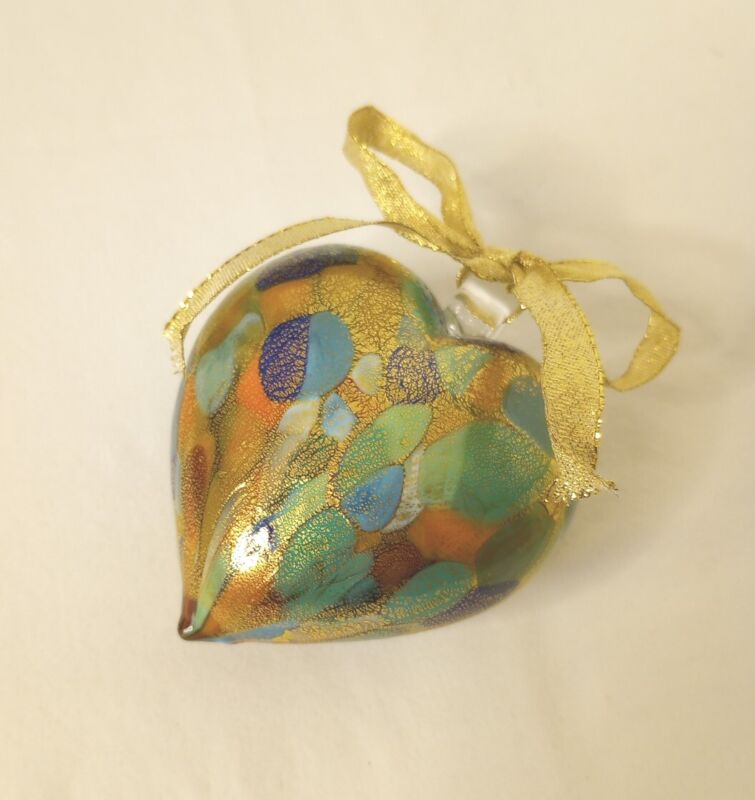 Murano Blown Glass Heart Ornament Blue Orange Green With Gold