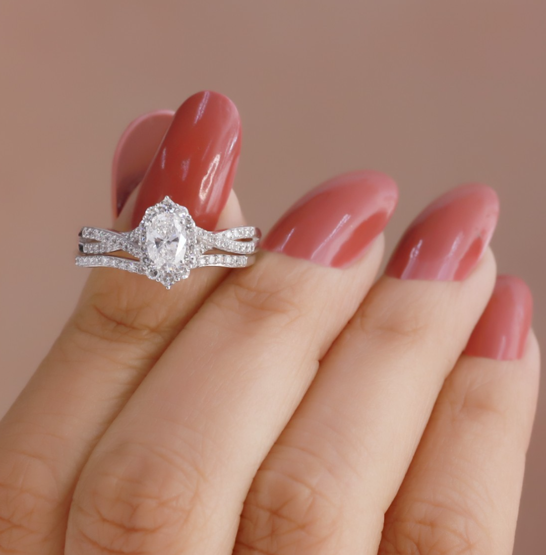1.00 Ct Oval and Round Diamond Halo Bridal Wedding Engagement Ring Set Lab Grown