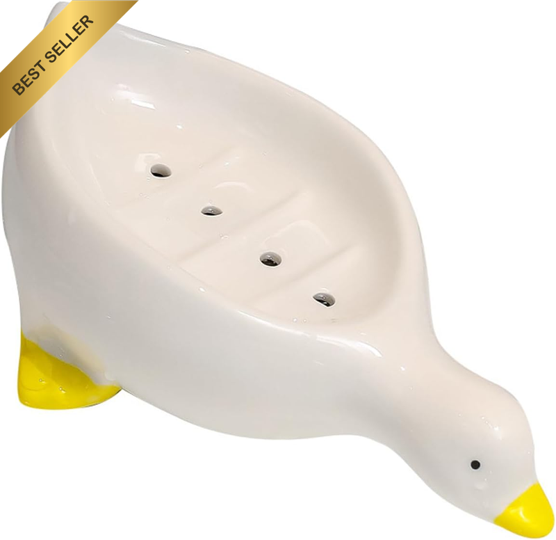 Duck Soap Dish with Self Draining Design, Ceramic Soap Holder Tray for Bathroom,