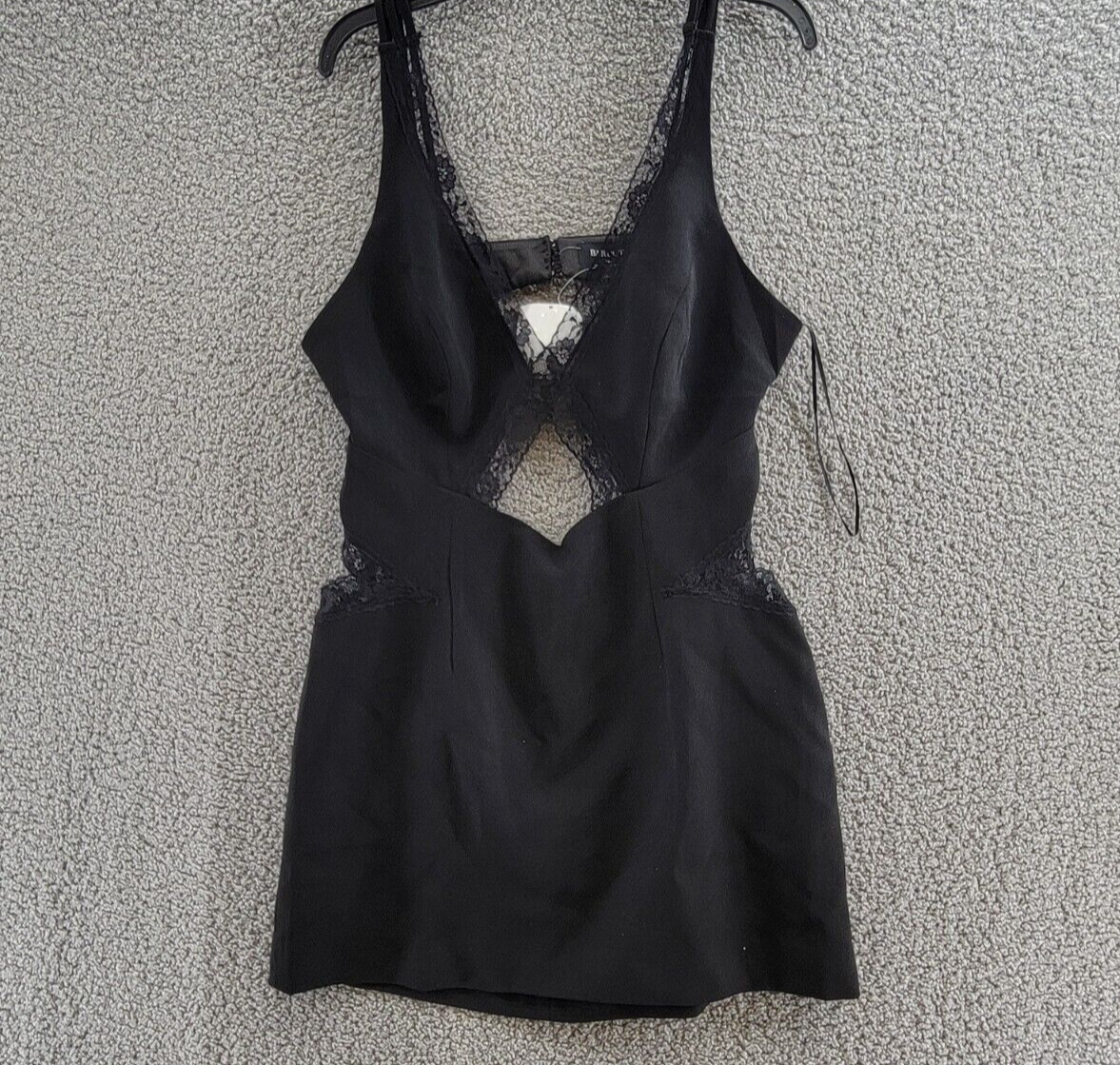 Bardot Marzanna Lace Trim Mini Dress Women's 12 Black Deep V-Neck Button Zip - Picture 2 of 15