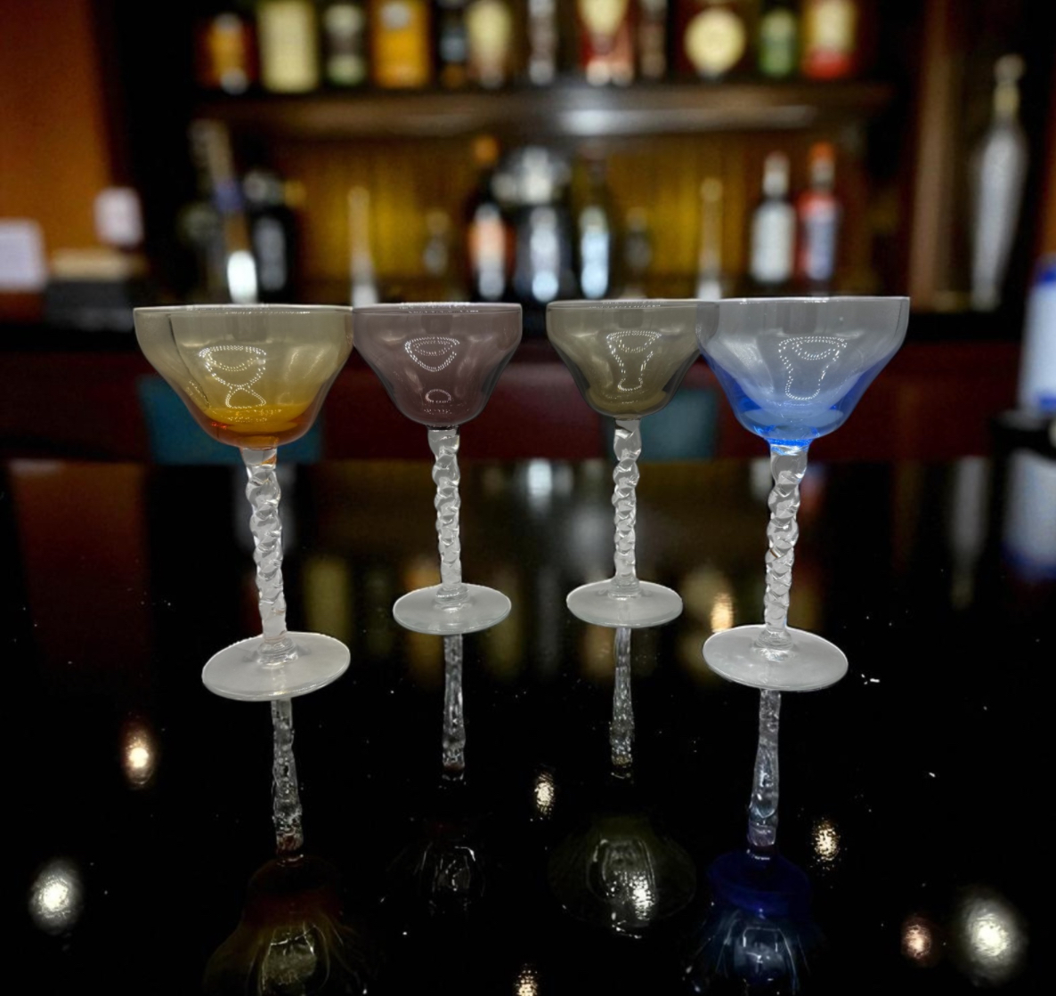 Vintage Czech Crystal Multi-Color Wine Cordial Glasses Twisted Stems Set of 4