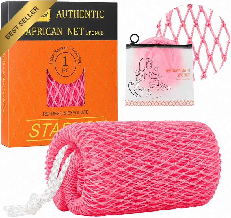 African Net Sponge Authentic with Knots - Exfoliating Body & Back Scrubber, Long