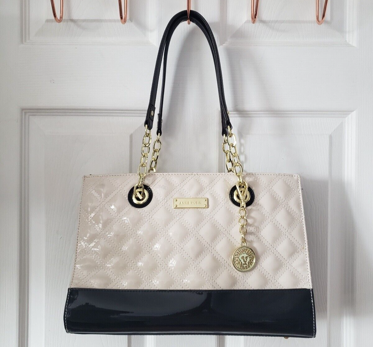 Anne Klein Quilted Patent Leather Black and Cream Purse Handbag