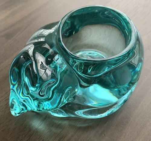 Vintage Indiana Glass Teal Aqua Sleeping Cat Votive Candle Tea Light Holder