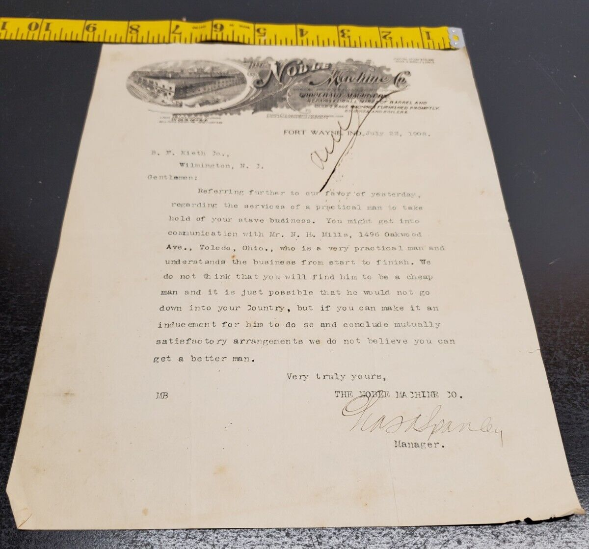1908 The Noble Machine Co. Cooperage Machinery Letter - Fort W...