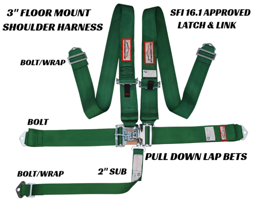 OFF ROAD 5 POINT RACING HARNESS 3" SEAT BELT FLOOR MOUNT BOLT IN SFI 16.1 GREEN