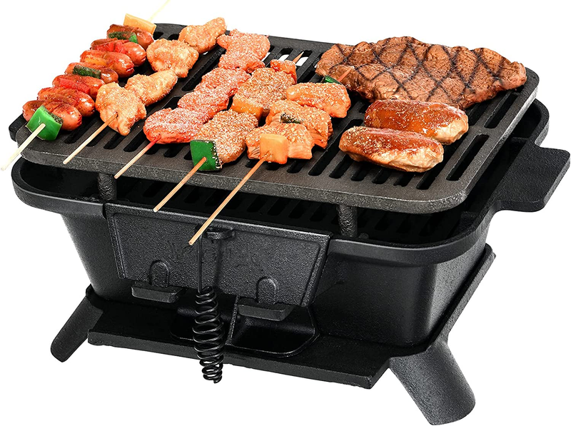 Charcoal Grill Portable Barbecue Smoker Grill, Cast Iron Hibachi Grill with Doub