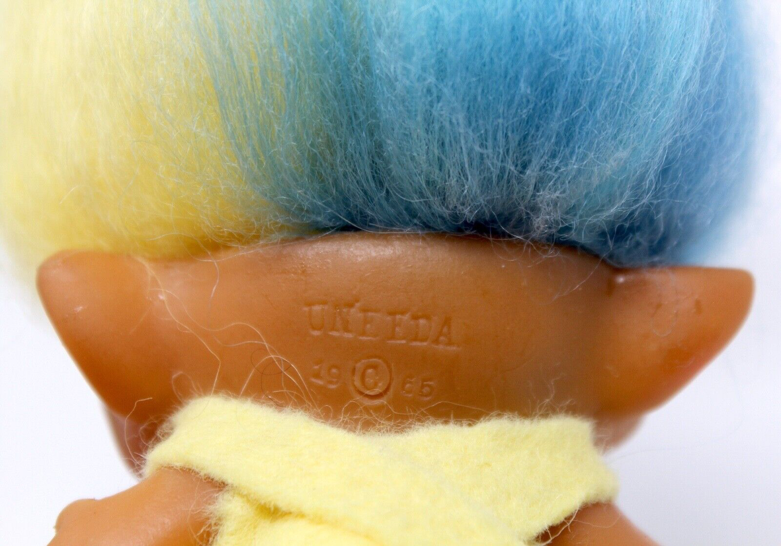 Vintage 1960s Uneeda Wishnik Two-Headed Troll, Blue & Yellow Mohair