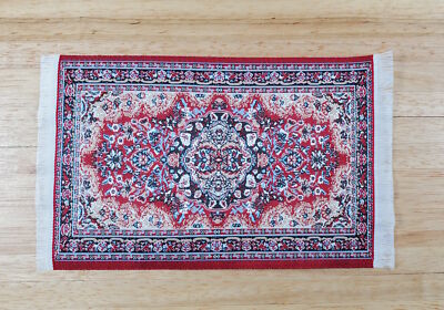 Dollhouse Fabric Rug Woven Red Blue 6 1/4'' x 3 7/8'' with Fringe 1:12 Scale