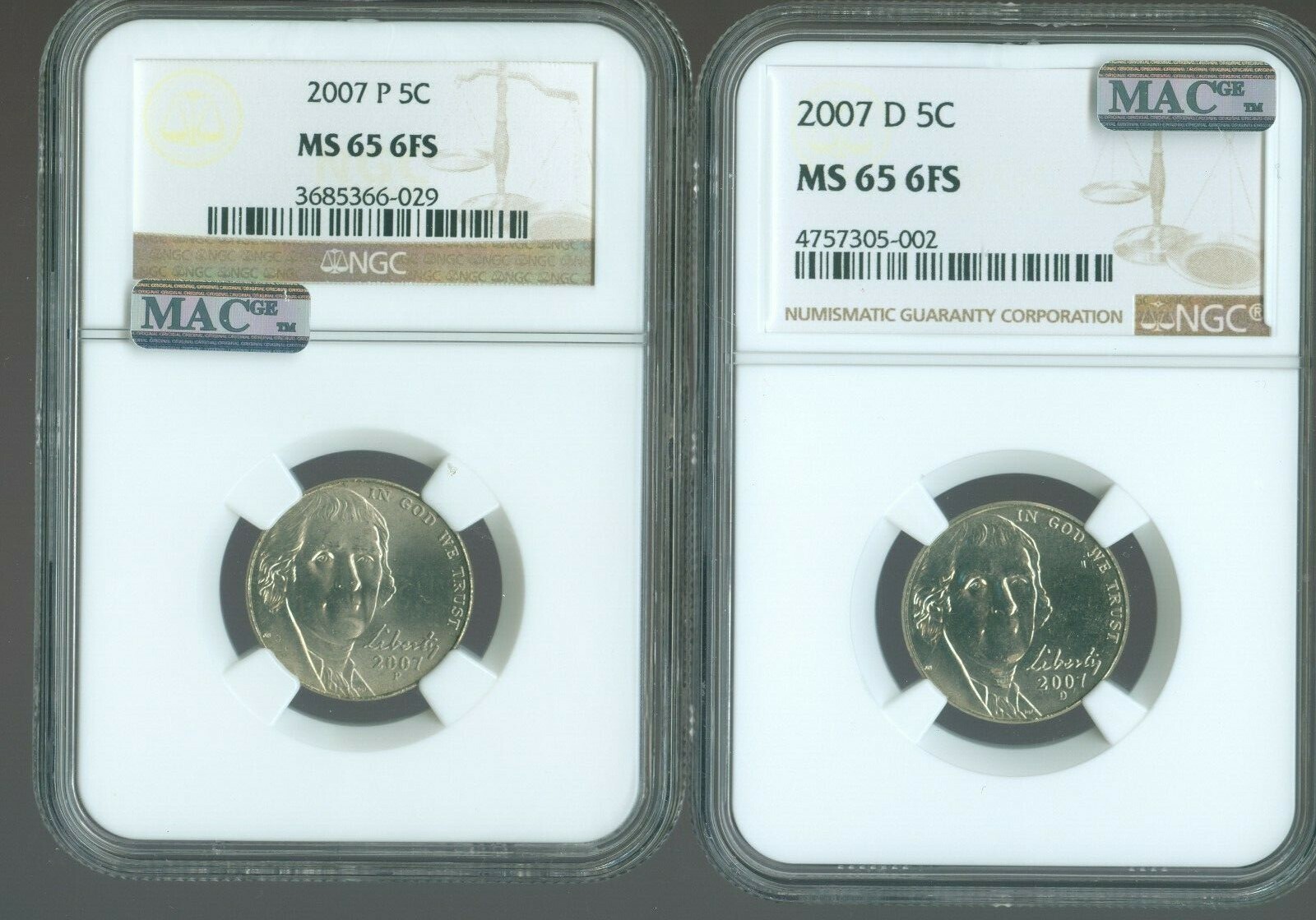 2007 P/D Jefferson Nickel 5C NGC MAC MS65 6FS Quality 2 Coins