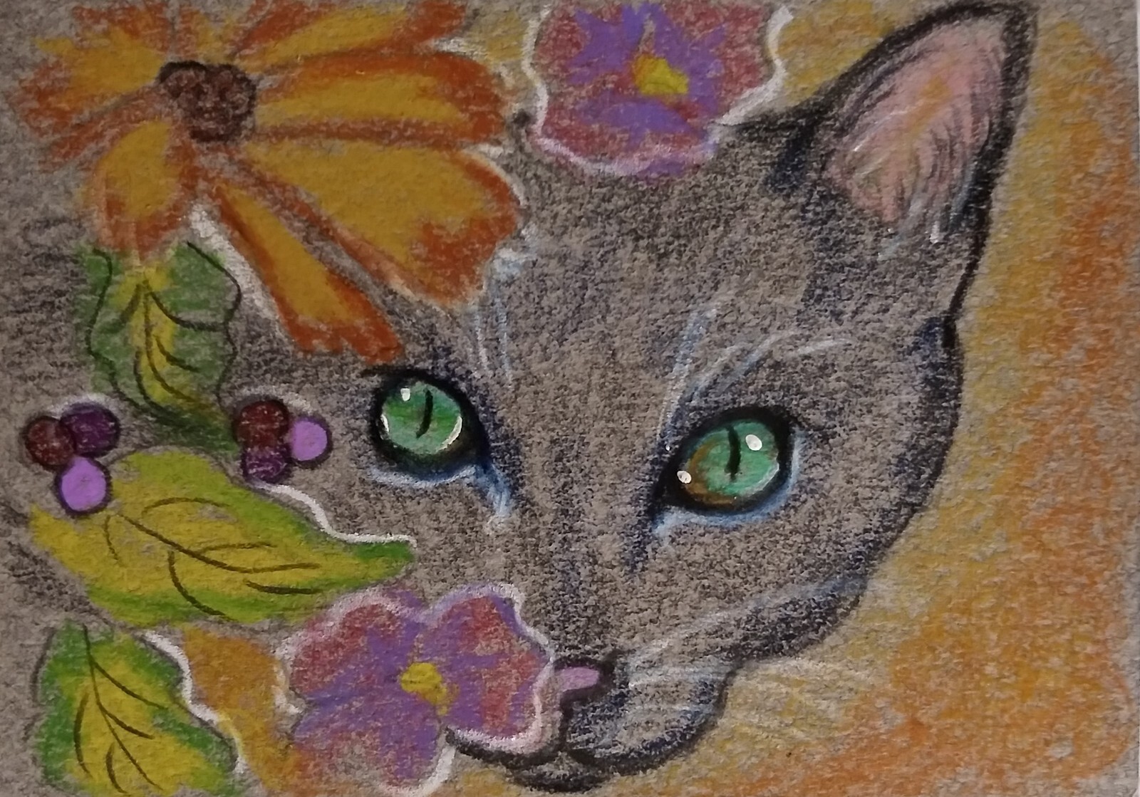 ACEO Black Cat Autumn Season Animals Original Artwork  Pastel Painting