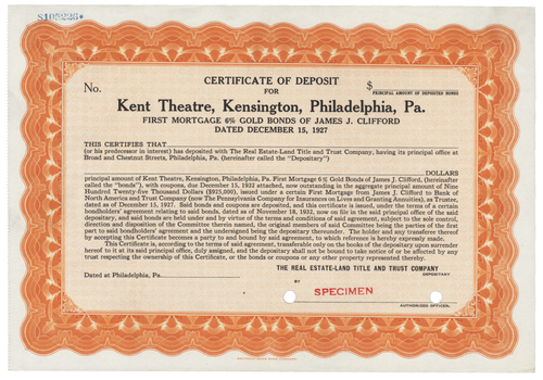 Kent Theatre, Kensington, Philadelphia, Pa. Stock Certificate.