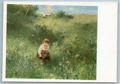 1970 LITTLE GIRL in Summer Field Flowers by Ludwig Knaus Soviet USSR Postcard