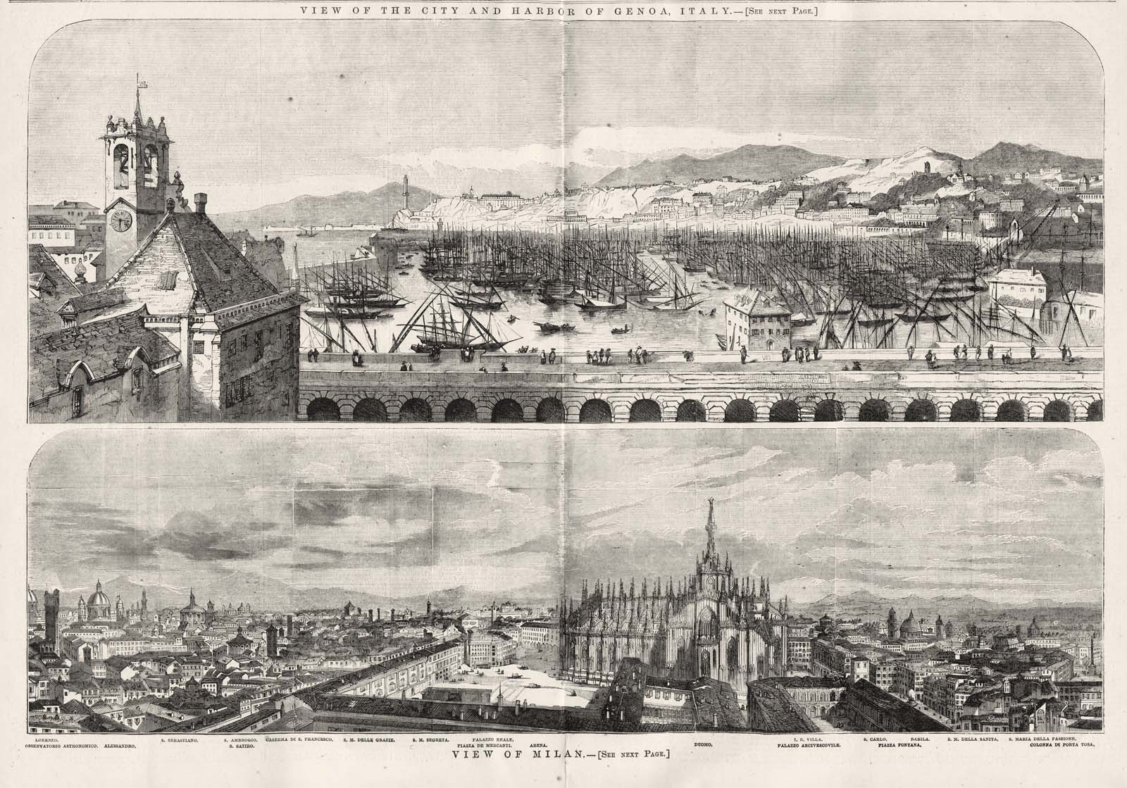 Genoa Harbor La Lanterna & Milan Cathedral Royal Palace Italy Birds Eye 1859