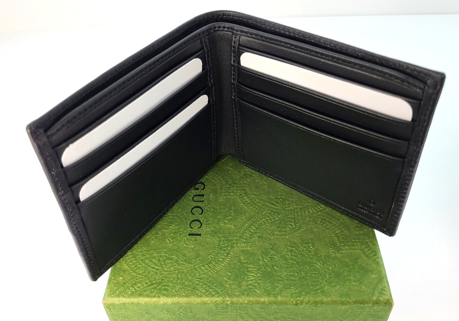 Pre-owned Gucci Mens Black Bi Fold Web Strip Red Green Gssima Wallet With Box