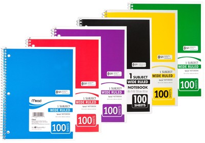 Spiral Notebook, 1 Subject, Wide Ruled, 100 Sheets, 8'' x 10 1/2'', Assorted Co...