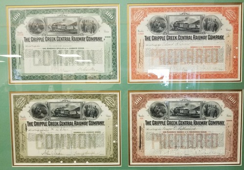 CRIPPLE CREEK, CO railway and GOLD mining certificates, framed and prestine
