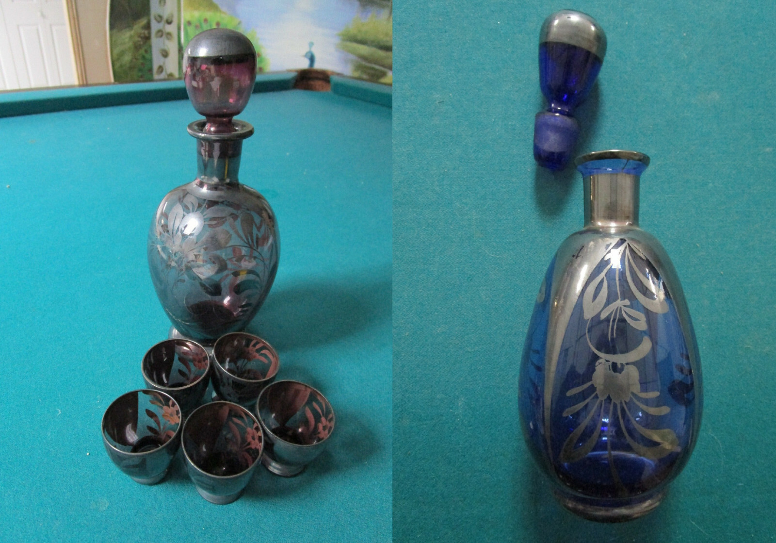 Antique Silver Overlay Decanter And Cups Blue And Purple Rare Pick 1