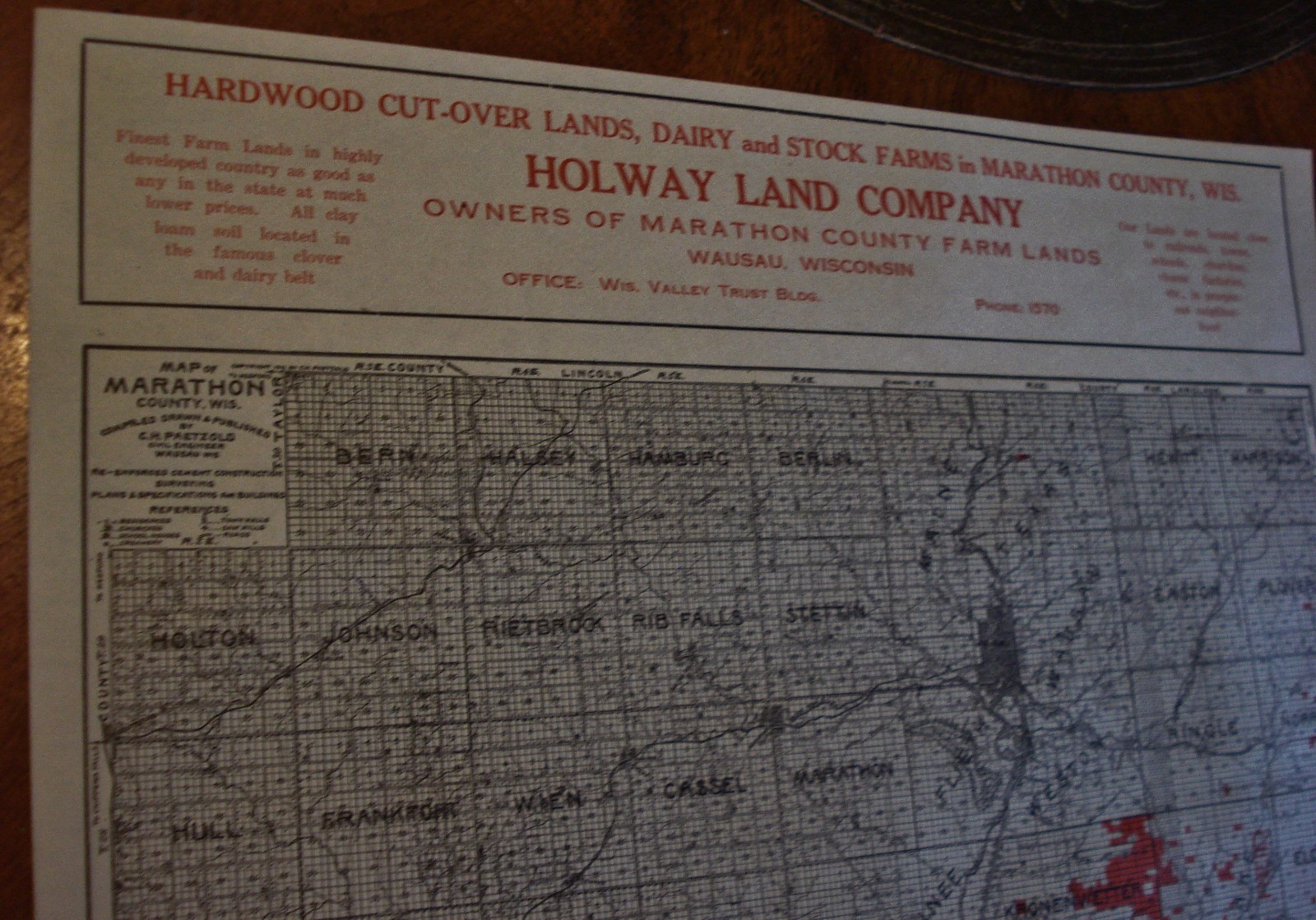 Antique Wausau WI HOLWAY LAND COMPANY Plat MAP