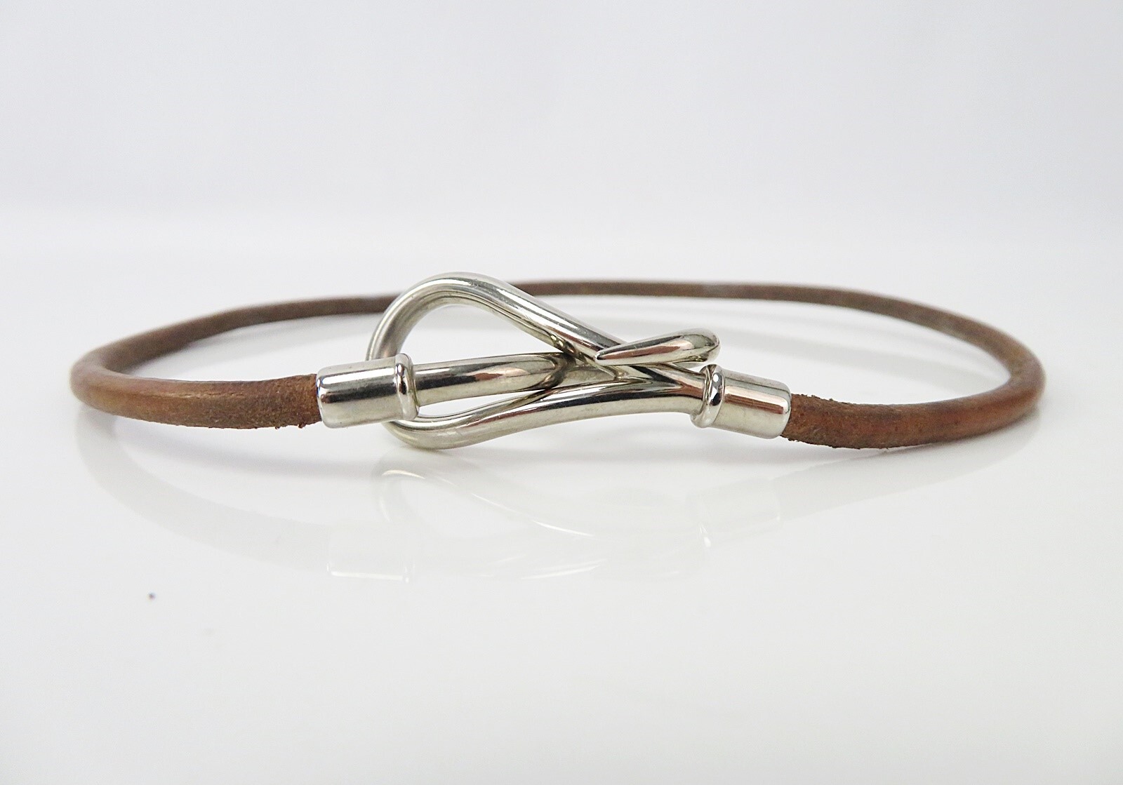 Authentic HERMES Goldtone Jumbo Hook Leather Necklace Double
