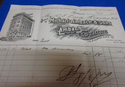 1924 Michael Ambach & Sons Clothing Baltimore MD Invoice & Envelope