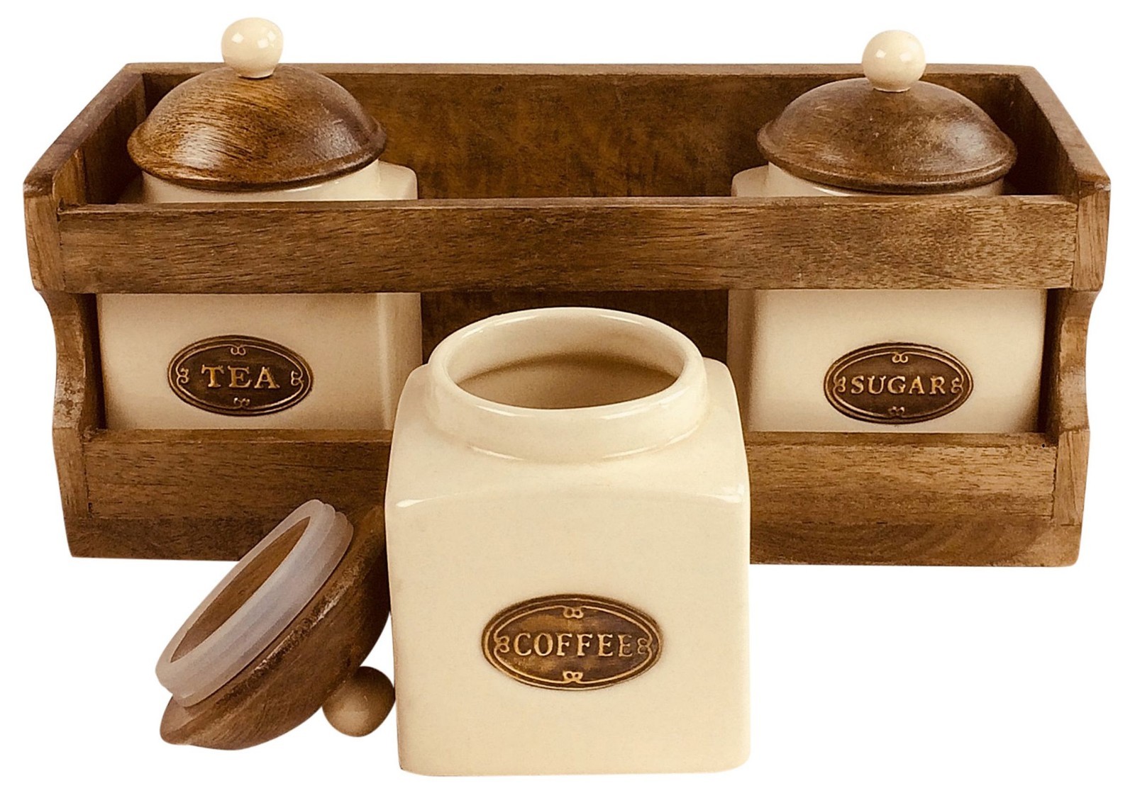 Wooden Rack 3 Ceramic Tea Coffee Sugar Storage Jars Home Kitchen Wall Mountable