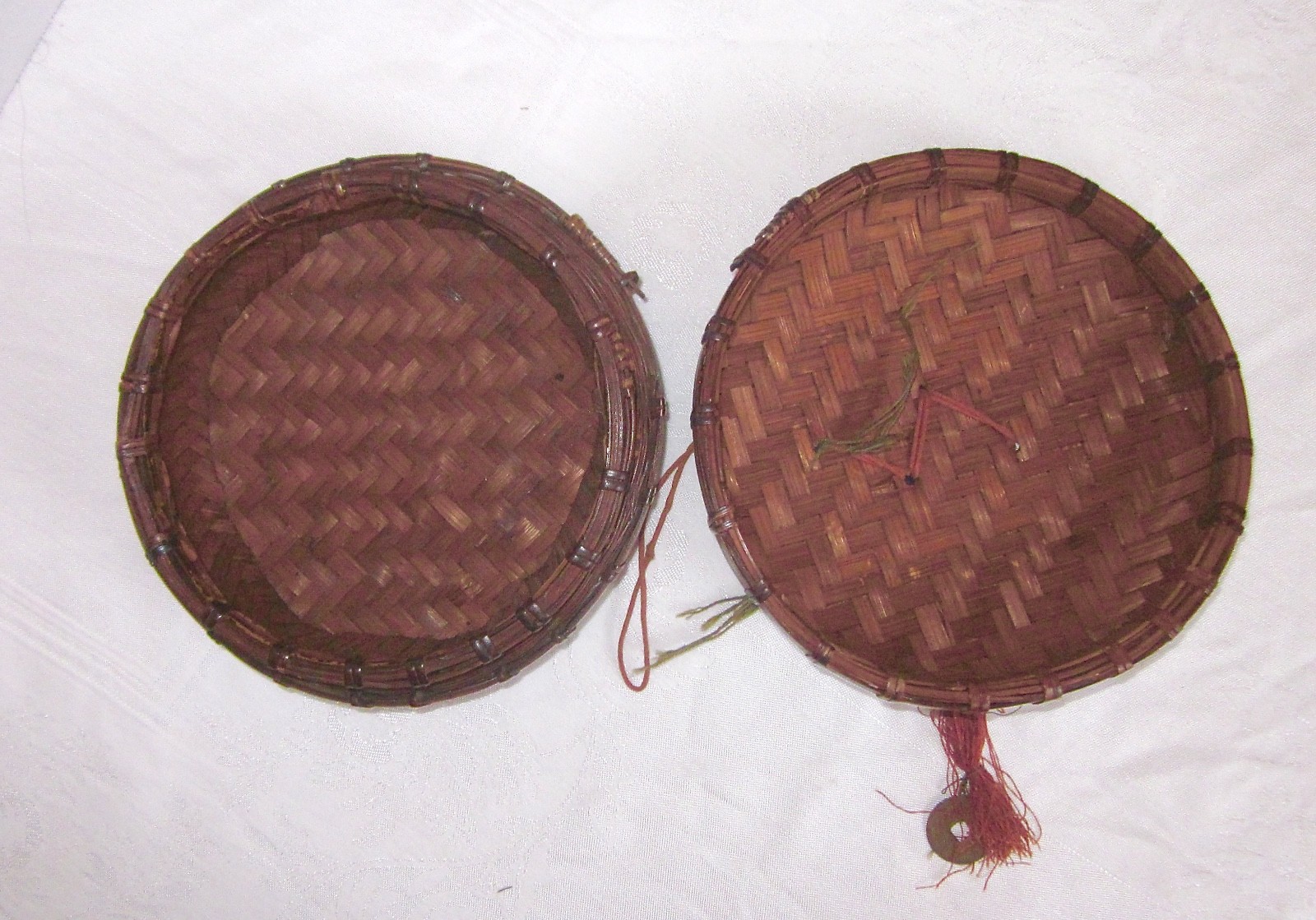 Antique CHINESE BASKET Glass Handles Peking Glass Beads Coin Sewing 1900s