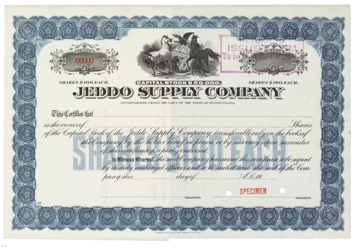 Jeddo Supply Company. Stock Certificate.