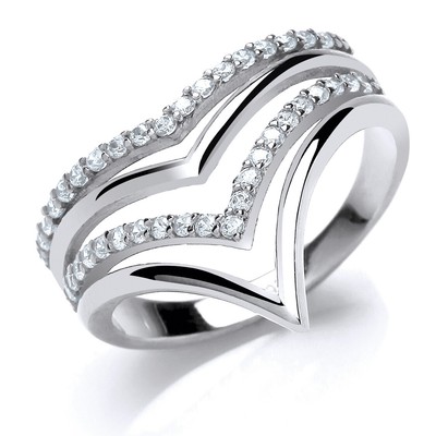 Jewelco London Rhodium Sterling Silver Round Brilliant CZ Wishbone Ring