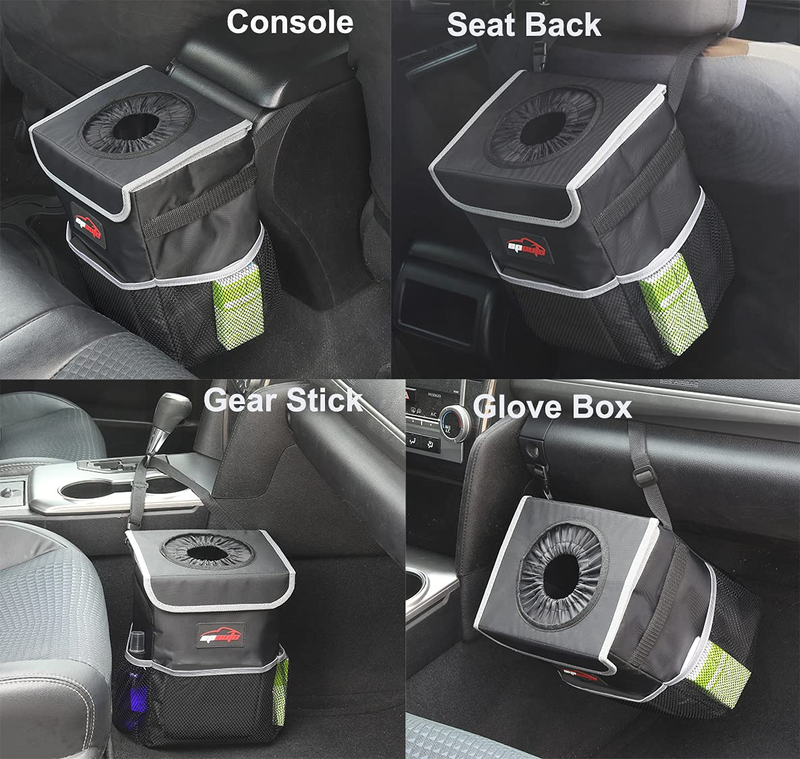 Waterproof Car Trash Can with Lid and Storage Pockets, Black