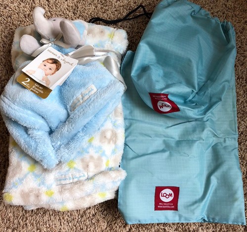 2 Baby Blankets New Elephant Loom Diaper Changing Pad Bag Pouch Lot