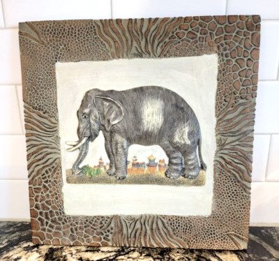 RARE Unique Resin Stone 3D Elephant Sculpture Plaque Framed Wall Hanging ~ 12.5''