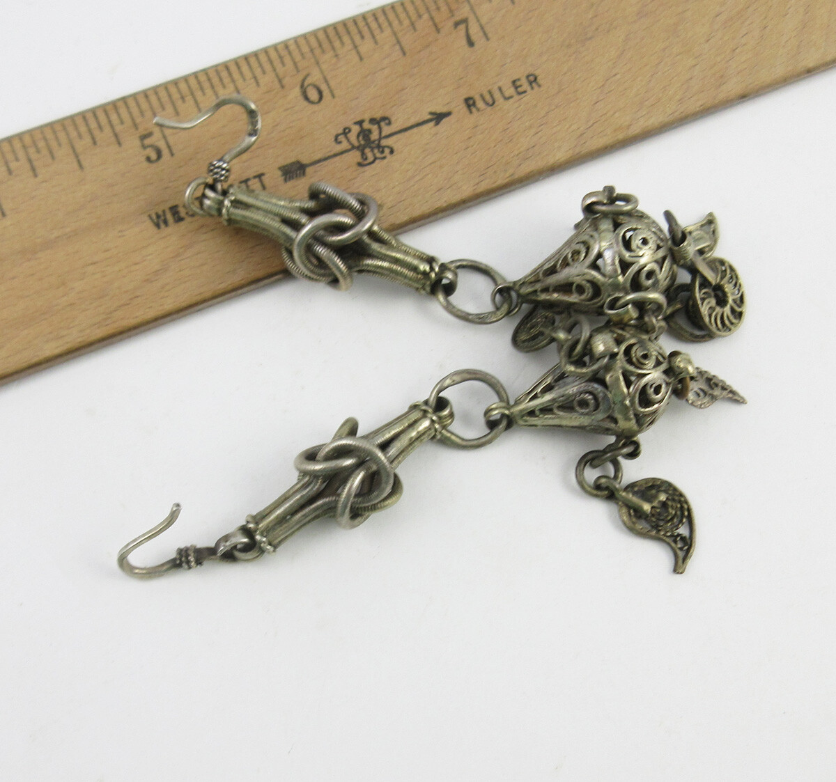 Pair of Vintage Middle Eastern 4 Inch Long Coin Silver Earrings