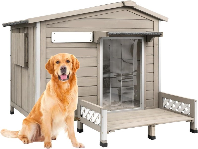 PETSCOSSET Wooden Dog House Outdoor with Chew-Proof Iron Frame &